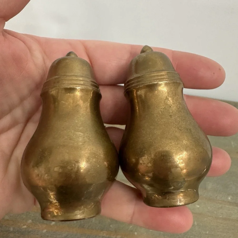 Vintage MCM Solid Brass Salt And Pepper Shakers Lined Screw on Lid Patina Clean
